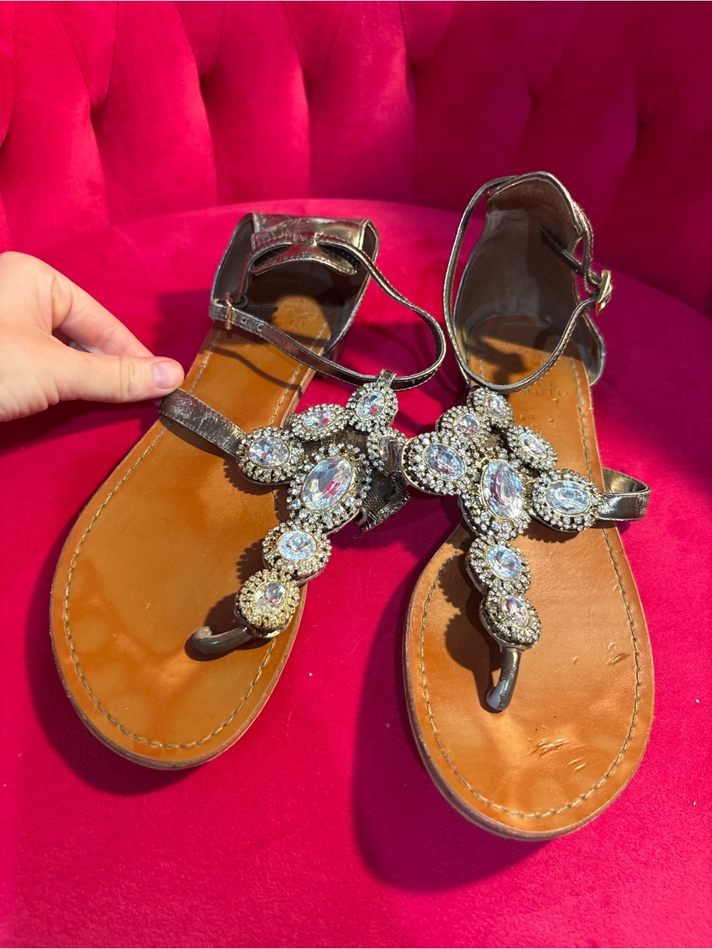 Vince Camuto Bronze Metallic Jeweled T-Strap Sandals